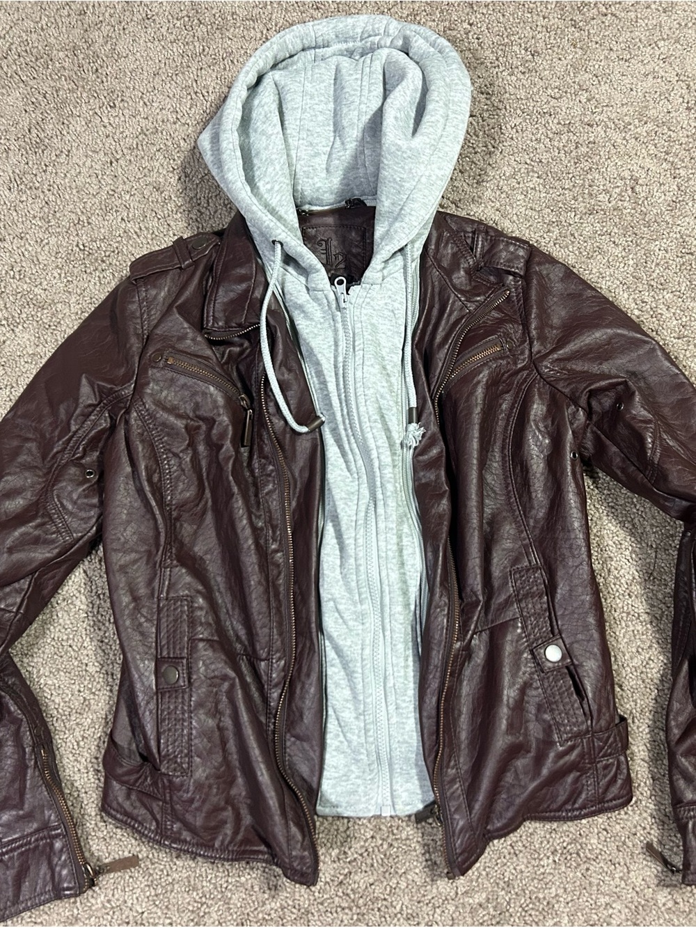 J2 Women's Faux Vegan Leather Jacket-Brown-Removable Hoodie-Faux Fur Lined-S